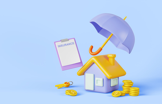 Property insurance isometric 3d render. Real estate building with umbrella, policy document, money coins and key. Home accident protection service, house safety concept Cartoon banner. 3D illustration