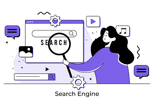 Flat-style vector illustration of search engine concept with woman holding magnifying glass, SEO search engine optimization, browser window, target online audience with digital marketing strategy, content marketing concept for website banner, online advertisement, marketing material, business presentation, poster, landing page, and infographic