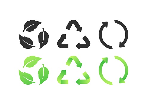 Bio icons. Different styles, green, leaves in a circle, bio recycling icons. Vector icons