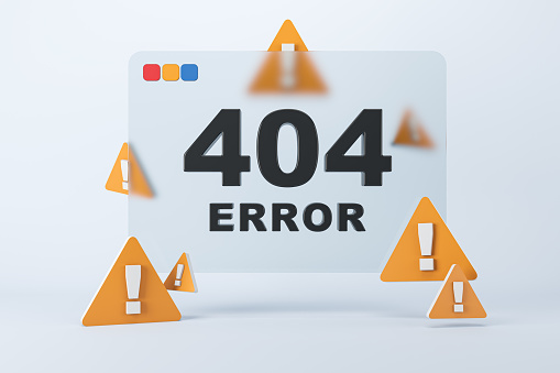 Concept of a 404 error message with warning icons on a light background. 3D Rendering