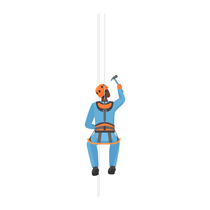 Rope access worker hanging, repair service man working with hammer vector illustration