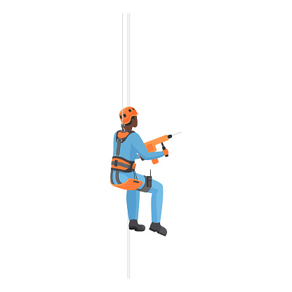 Professional rope access worker working at height with drill vector illustration