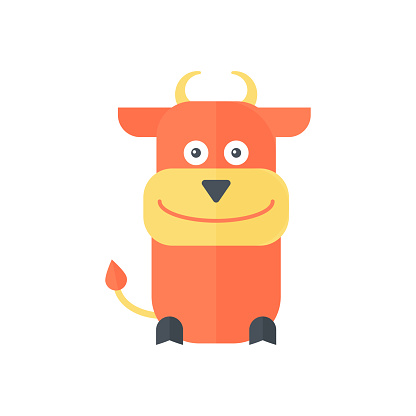 Cute bull with horns, tail with tassel and funny face, childish design vector illustration