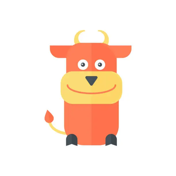 Vector illustration of Cute bull with horns, tail with tassel and funny face, childish design