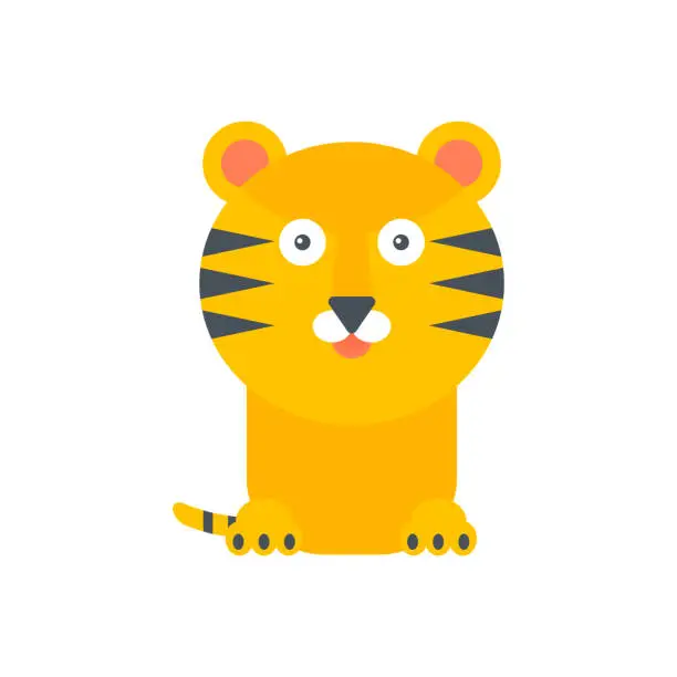 Vector illustration of Cute baby tiger character, yellow cub with black stripes on kawaii face