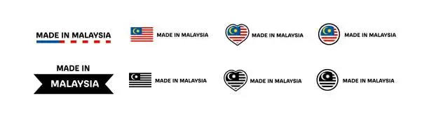 Vector illustration of Made in Malaysia flag icons. Different styles, Made in Malaysia flag in square, heart, circle icons. Vector icons