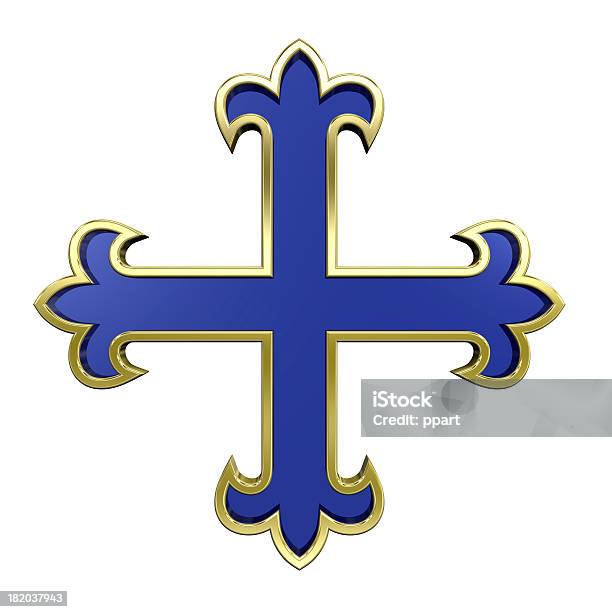 Blu Con Montatura In Oro Isolato Su Bianco Araldica Cross - Fotografie stock e altre immagini di A forma di croce