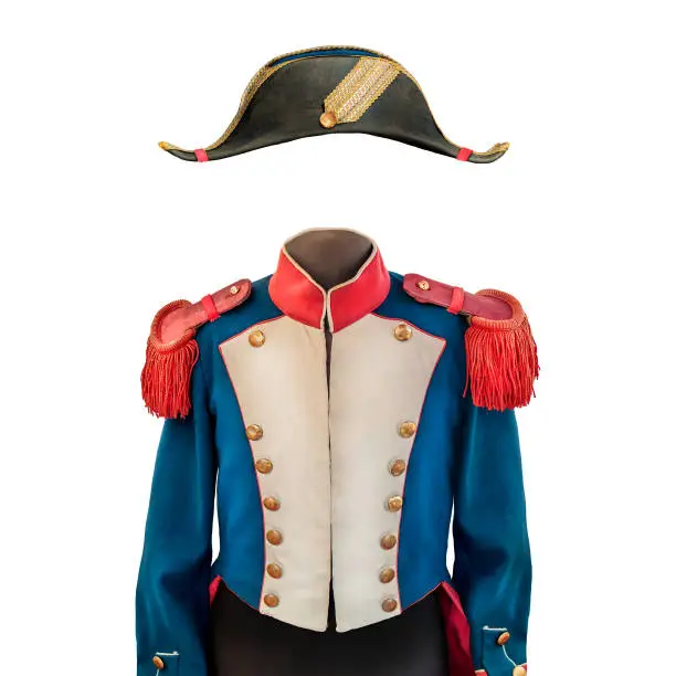 Vintage Napoleon costume with hat isolated on a white background