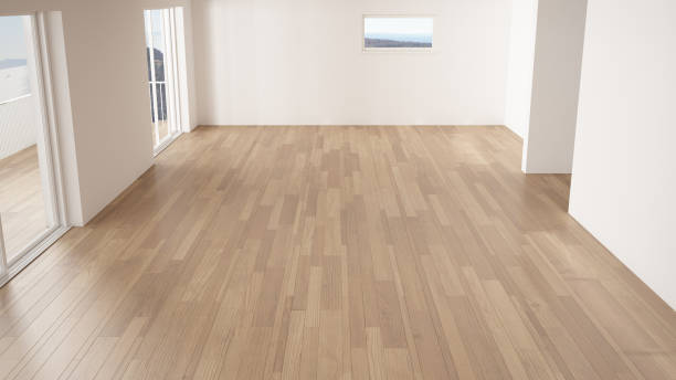 istock Empty room interior design, open space with big panoramic window, balcony on sea panoramic view, parquet wooden floor, modern contemporary architecture, top view 1820401478