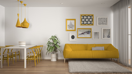 Warm and confortable colored white and yellow living room with dining table, sofa and fur carpet, potted plant and parquet floor, contemporary architecture interior design