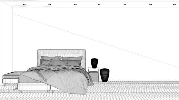 istock Blueprint project draft, minimalist white background with master bedroom in contemporary space with parquet, double bed and pillows, luxury interior design template, copy space mock-up 1820401492