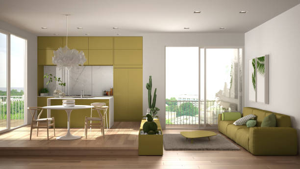istock Eco green interior design, white and yellow living room with sofa, kitchen, dining table, succulent potted plants, parquet floor, window, panoramic balcony. Sustainable architecture 1820401514