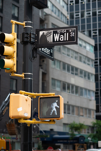 Wall Street sign post in front of Stock Exchange building in New York, USA