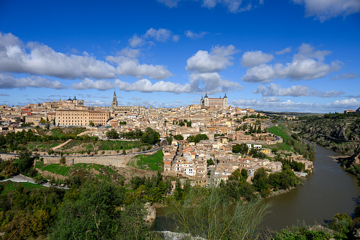 Aerial cityscape view on the old town with cathedral in Montpellier city during the sunny weather in Occitanie region of France