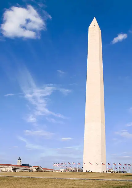 Washington Monument with encircling ring of flags against blue sky