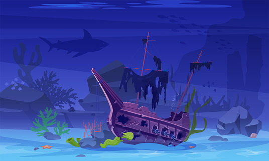 Sunken pirate ship on sea or ocean bottom vector illustration. Cartoon underwater shipwreck scene of boat on seabed and abstract silhouettes of marine creature, school fish and undersea coral