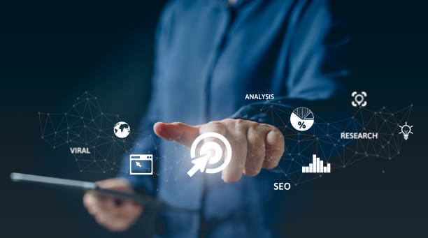 istock Digital marketing media in virtual screen. Business global internet connection application technology, Digital link tech, big data. Digital media marketing analysis, SEO, analytic, viral, research. 1820419904