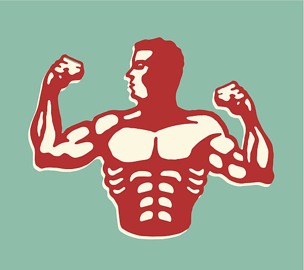 ilustraciones, imágenes clip art, dibujos animados e iconos de stock de muscular man flexión biceps - culturismo ilustraciones