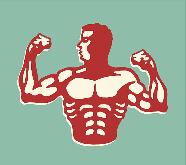 illustrazioni stock, clip art, cartoni animati e icone di tendenza di muscoloso uomo flettendo bicipiti - bicep human arm macho flexing muscles
