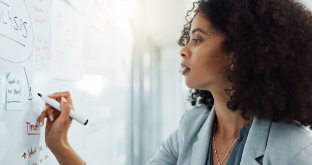 istock Business, thinking and woman with ideas, planning and insurance agent brainstorming, solution and analysis. Happy person, employee and consultant with question, data analytics and review information 1820432506