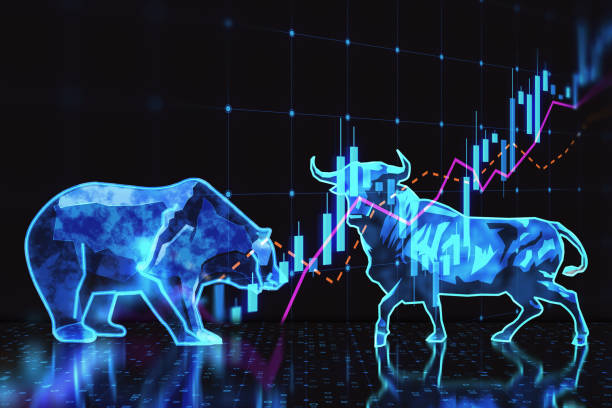 istock Bear versus bull stock market concept in blue. 3D Rendering 1820438694