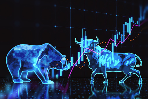 Bear versus bull stock market concept in blue. 3D Rendering