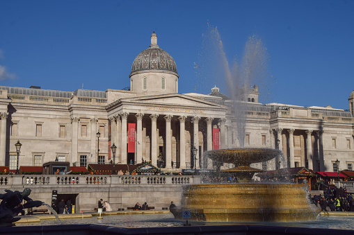 London, UK. November 28 2023. The National Gallery and fountains in Trafalgar Square, exterior daytime view.
