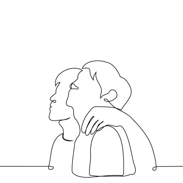 Vector illustration of man hugs a man, they stand in profile and look up - one line art vector. concept looking in one direction, friends or couple