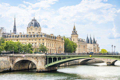 Dome of the Commercial Court and Conciergerie buildings along the Seine river in Paris, France