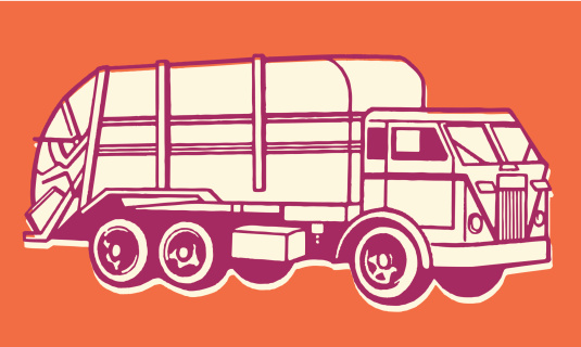 A drawing of a garbage truck against an orange background