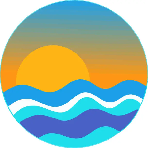 Vector illustration of A vibrant illustration of a golden sun setting over a crashing wave, in a perfect circle