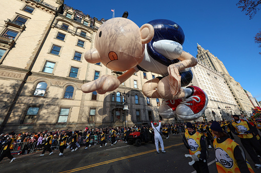 The Diary of a Wimpy Kid heads down Central Park West during The 97th Macy's Thanksgiving Day Parade in New York, Thursday, Nov. 23, 2023. Wimpy Kids backpack is large enough to hold about 2,000 regular backpacks inside of it. (Photo: Gordon Donovan)