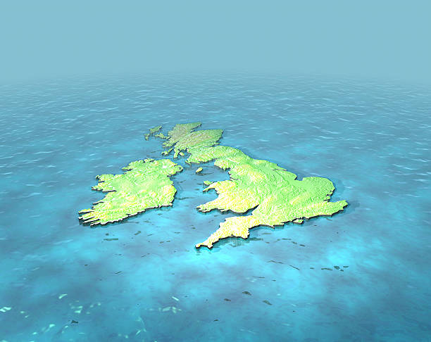 3D contoured map of United Kingdom on the sea stock photo
