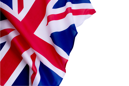 Official Flag of United Kingdom of Great Britain and Northern Ireland against white background, empty space for text.