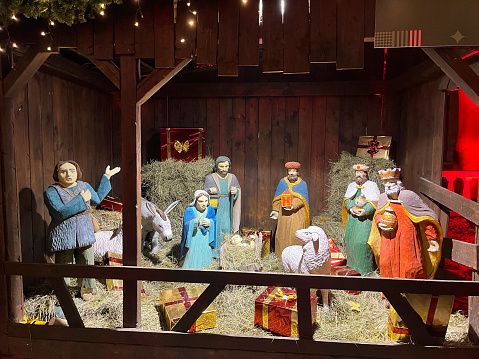 Nativity scene. Christmas installation of the birth of Jesus Christ.