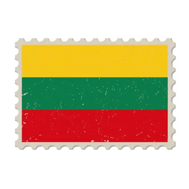 Vector illustration of Lithuania grunge postage stamp. Vintage postcard vector illustration with Lithuanian national flag isolated on white background. Retro style.