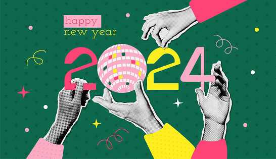 Happy New Year 2024 halftone paper stickers collage. Vector illustration with halftone hands holding number 2024 with disco ball. Retro New Year banner for decoration card, poster, party