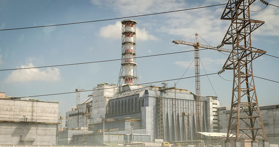 Digitally generated Chornobyl NPP (the original/old sarcophagus covering the destroyed reactor no. 4) on a sunny day.\n\nThe scene was created in Autodesk® 3ds Max 2024 with V-Ray 6 and rendered with photorealistic shaders and lighting in Chaos® Vantage with some post-production added.