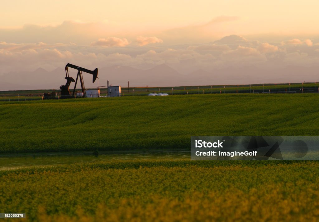 Oil rig on a grass field with a cloudy sky A pumpjack on the prairie East Stock Photo