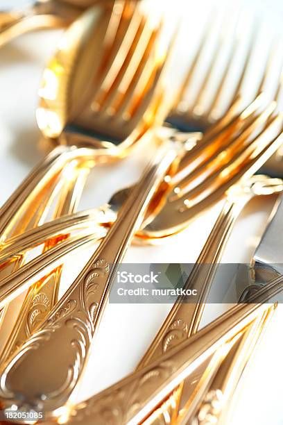 Gold Plated Forks Spoons Stock Photo - Download Image Now - Elegance, Fine Dining, Food and Drink