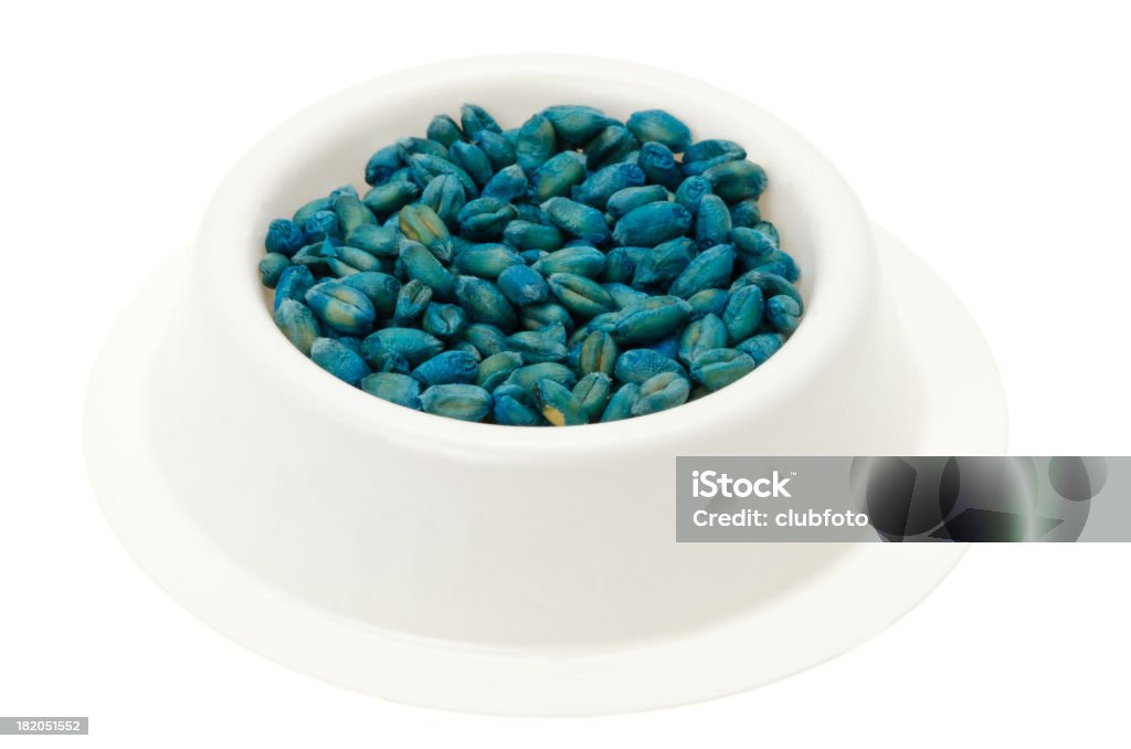 Dog bowl with blue spray painted dog food Mouse and rat poison in a white plastic dish - studio shot with a white background. Rat Stock Photo