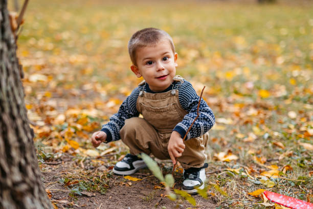 Little Boy Playing In The Park In Autumn
