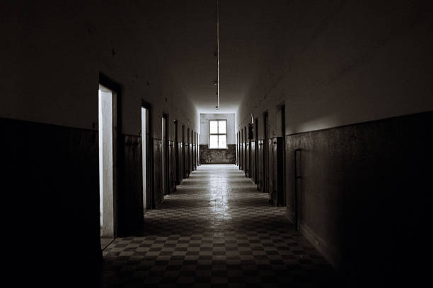 An eerie corridor within a dilapidated asylum setting, with an overwhelming sense of history and the weight of lost souls permeating the air.