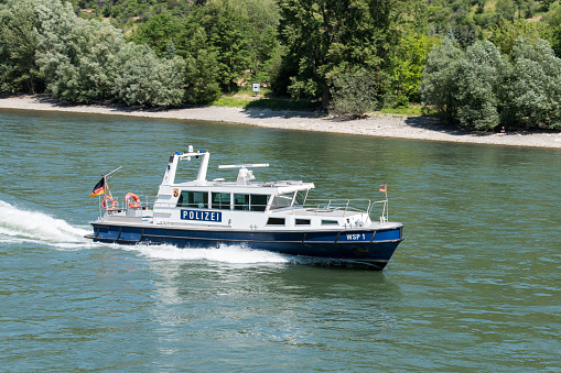 Police patrol boat on the river Rhine near Koblenz in Germany.