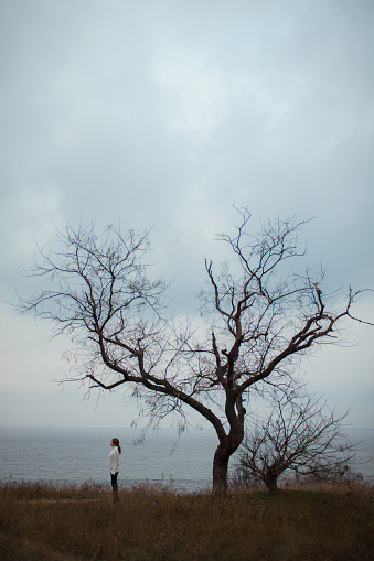 Woman standing under the lonely tree without leaves on the seaside. Symbol of depression and loneliness