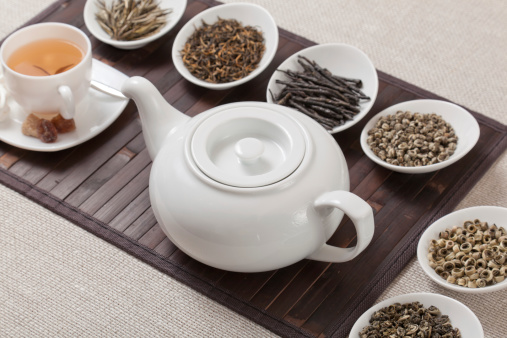 Various kinds of tea with cup and teapot