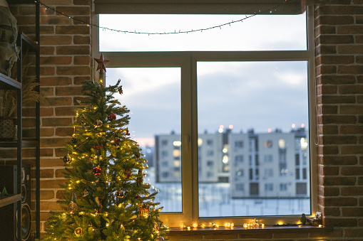 Christmas tree near the window  in cozy apartment