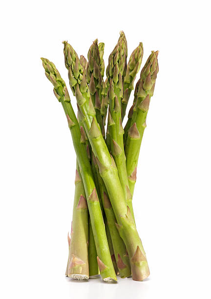 Asparagus bunch standing upright against a white background
