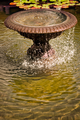 Rustic fountain in a pond with dribbling water.
