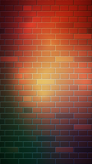 The red brick wall vertical format background template has a bright light spot in the center. Vector illustration EPS10.